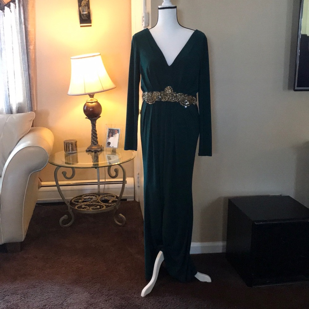 Forrest Green Evening Gown with Gold Belt Detail
